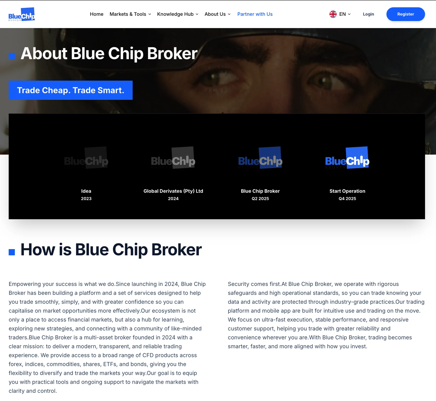 Blue Chip Broker About-Seiten-Screenshot mit Unternehmensgeschichte und Marken-Timeline