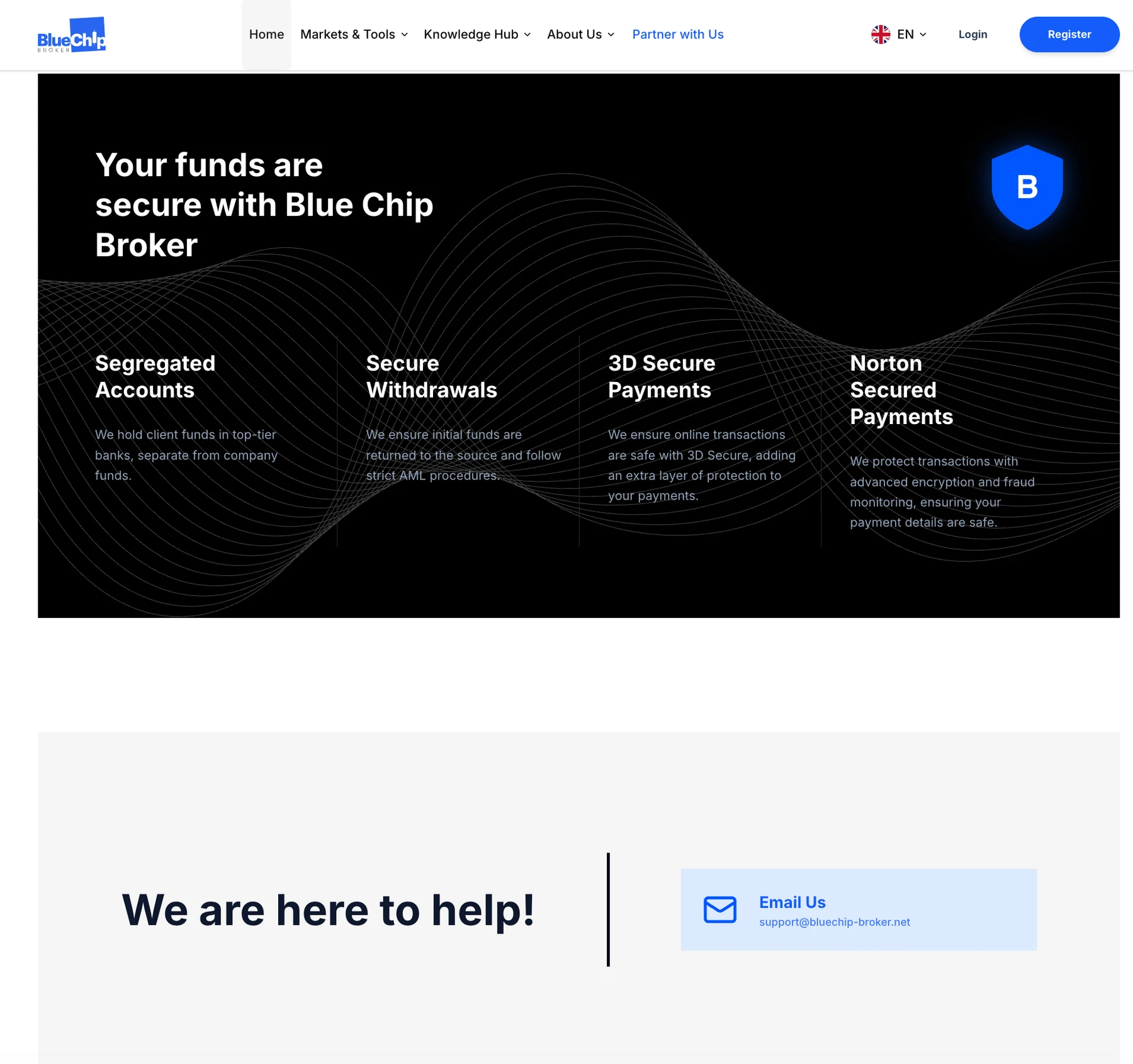 Screenshot der Blue-Chip-Broker-Website mit den Sicherheitsnachrichten und dem Support-Kontaktbereich