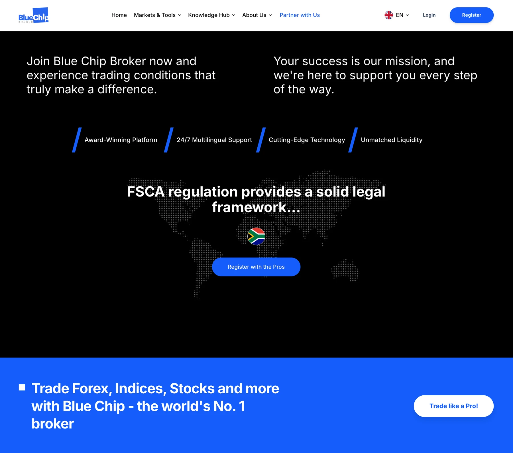 Screenshot der Website von Blue Chip Broker, der seine Handelsmarke, seine Servicebotschaften und seine südafrikanische Positionierung zeigt