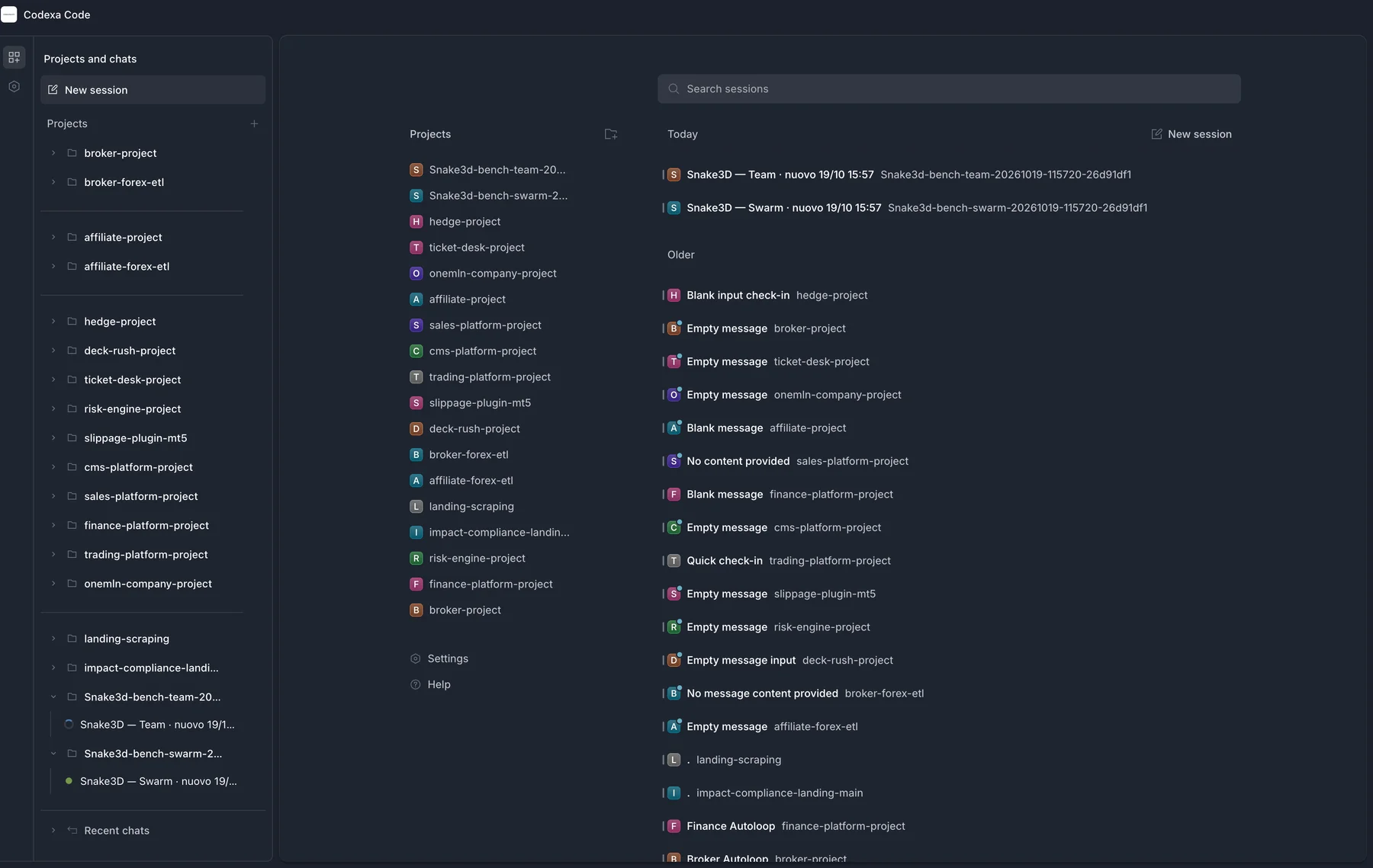 Codexa Vibe Projektverlaufs-Dashboard mit einer Auflistung von Projekten, Entwicklungssitzungen und aktuellen Arbeiten
