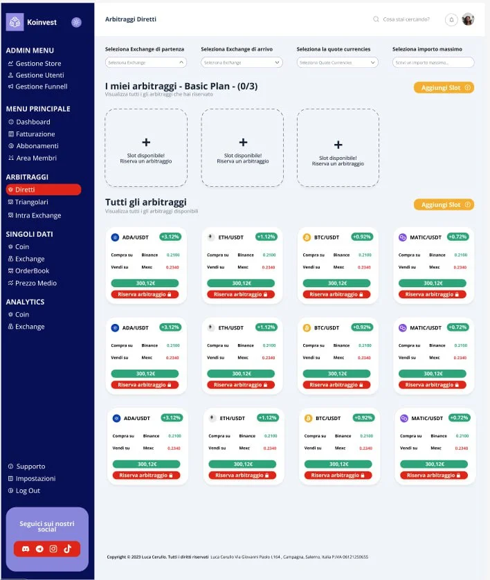 Dashboard di Koinvest che elenca le opportunità di arbitraggio di criptovalute su tutti gli scambi con prezzi di acquisto e vendita