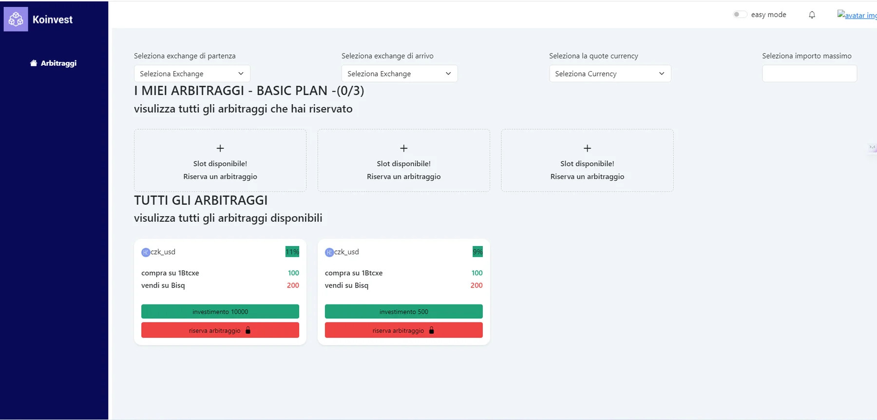 Dashboard iniziale di Koinvest con cambio di origine, cambio di destinazione, valuta e filtri di importo