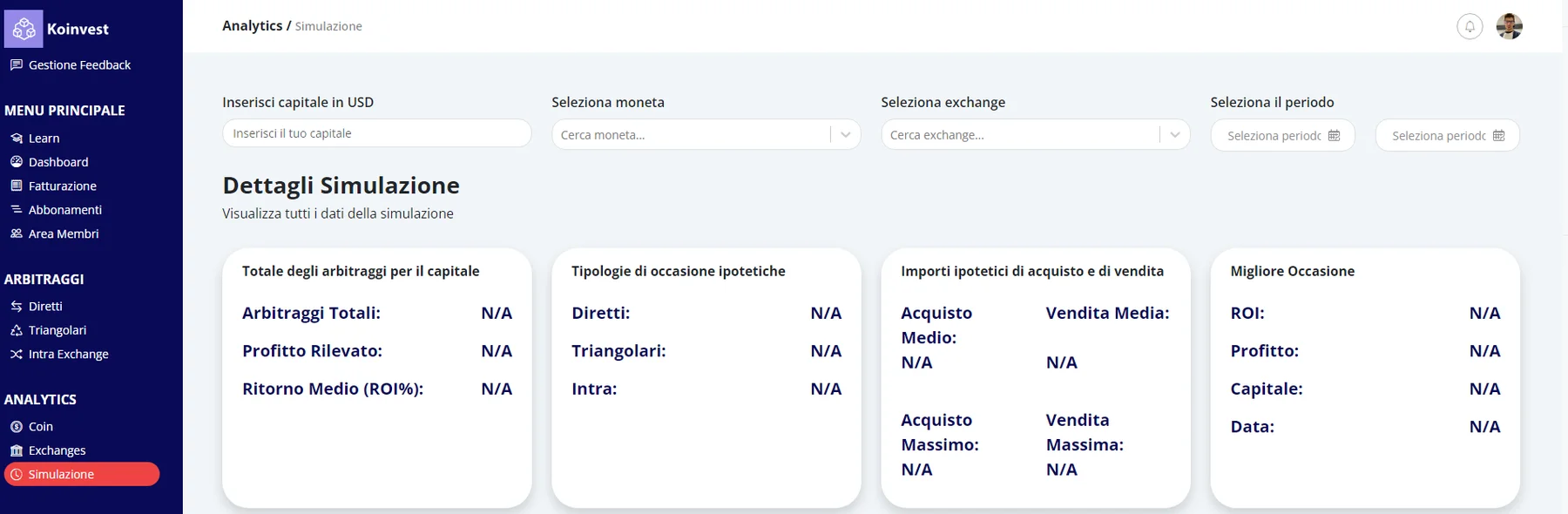 Dashboard di simulazione Koinvest con filtri capitale, valuta, cambio e periodo