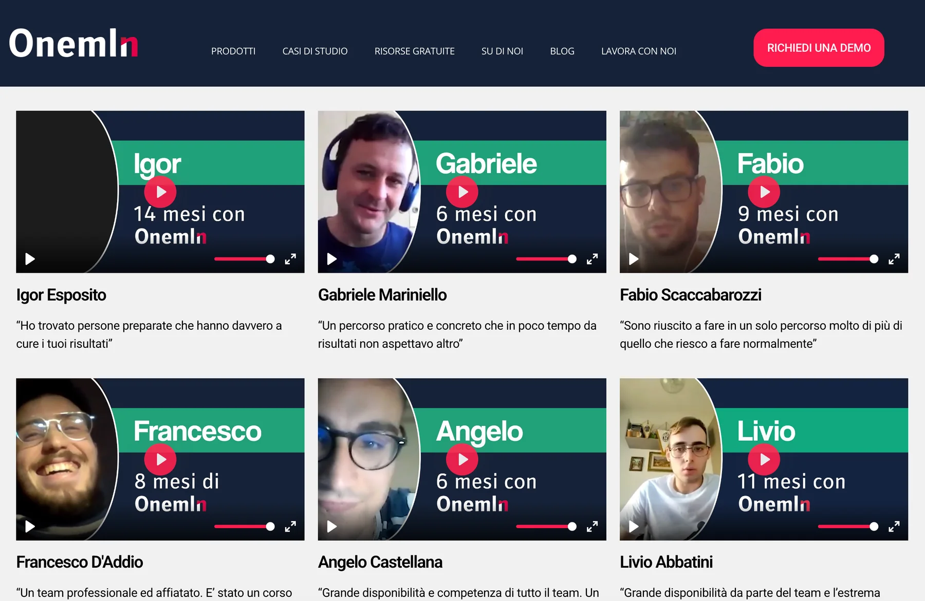 Onemln Company-Website-Screenshot mit ausgewählten Video-Testimonials von Studenten