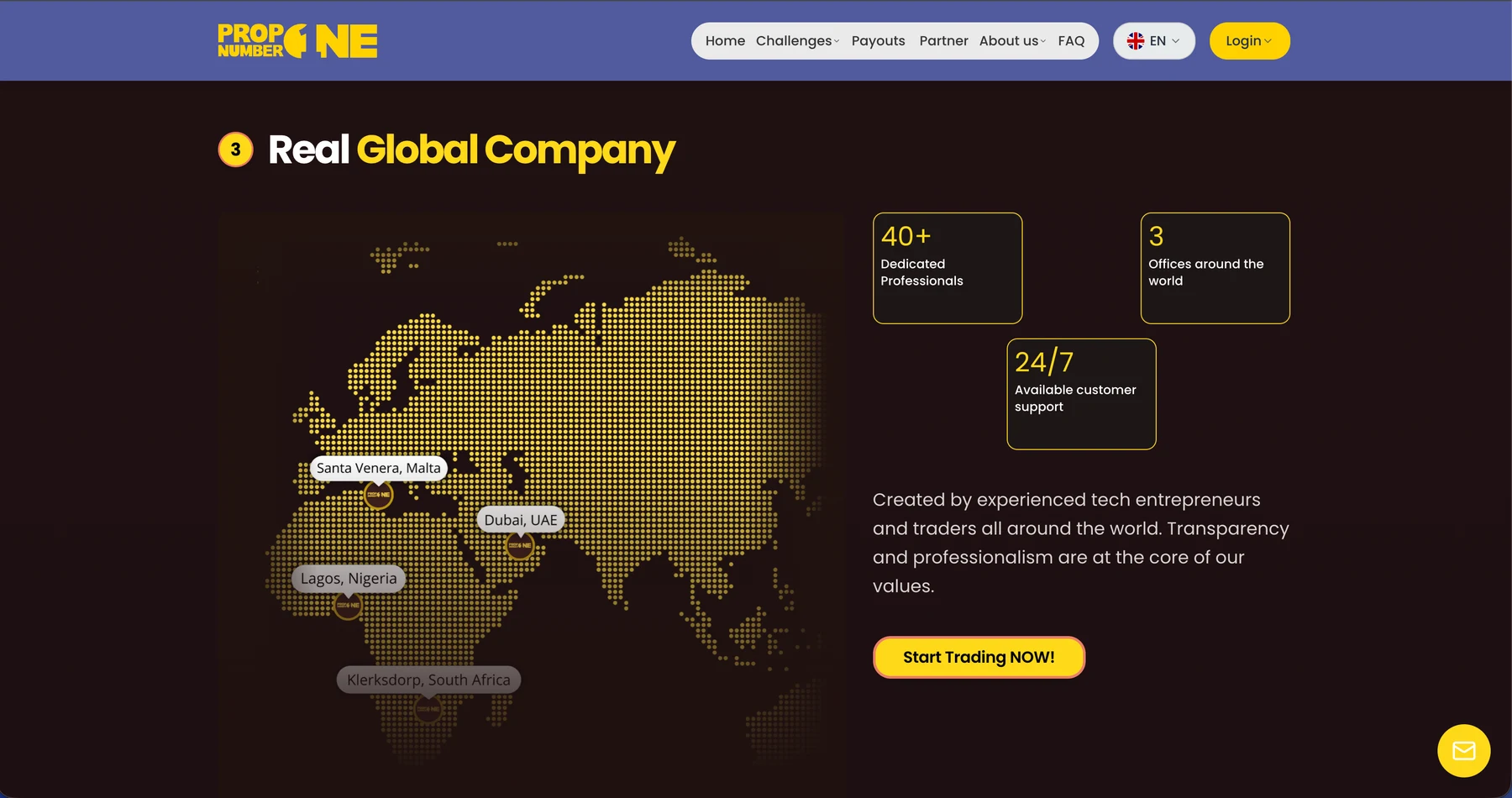 Capture d'écran du site Web Prop Number One montrant une carte du monde et des messages d'opérations internationales